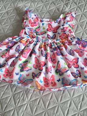 Good Lad White Butterfly Print Ruffle Dress - Pink Blue Purple